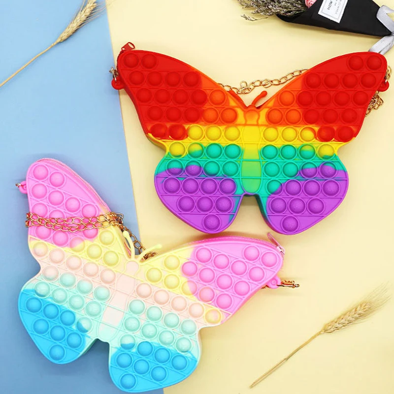 

Hot Sale Girls Kids Silicone pop it Butterfly handbags Shoulder Bag Fidget bag pop it Shoulder Bag for kids