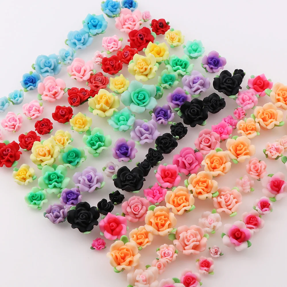 50PC Flower Mix Size Have Hole Or Without Hole Random Polymer Clay Fimo Flower Resin Flatback Beads Diy Hair Headband Colorful