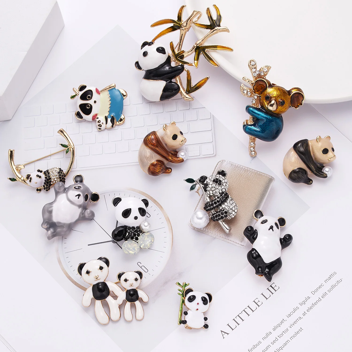 

Fashion Cute Vintage Animal Brooches Hijab Pins China Panda Koala Raccoon Rhinestone Enamel Animal Custom Brooches Jewelry, As picture