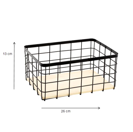 

Kitchen Rectangle Black Metal Wire Storage Basket with Wood Base, Customized