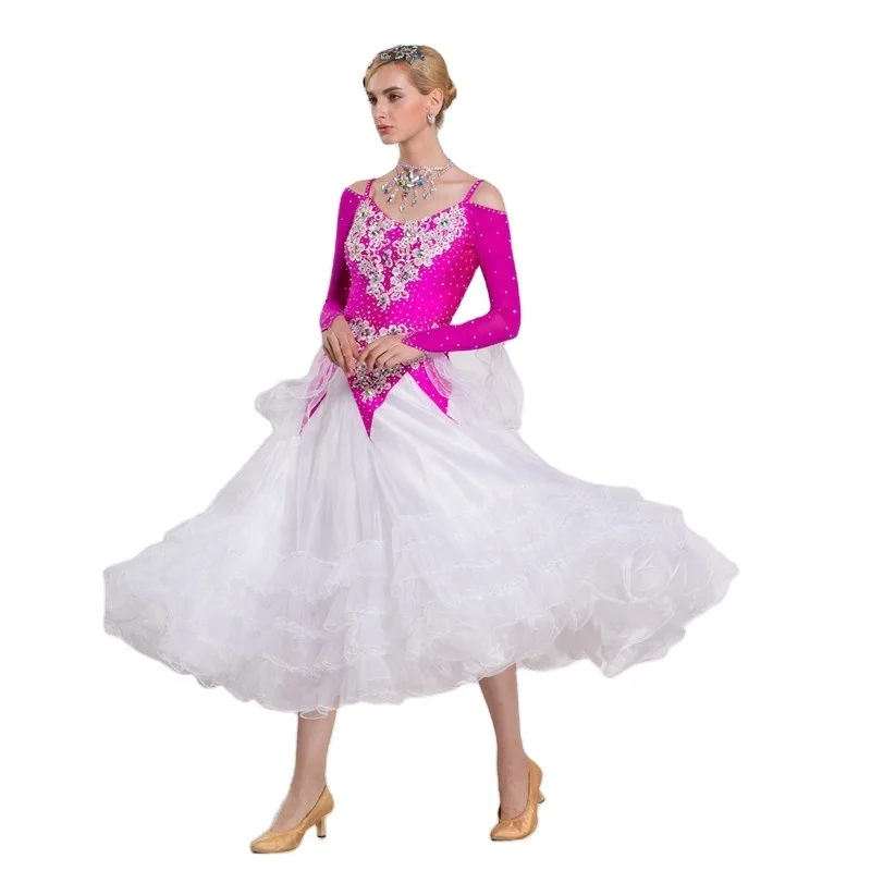 

B-16179 Tailor made long ballroom dancing dress smooth modern dance dress with pink white color for competition, Customized