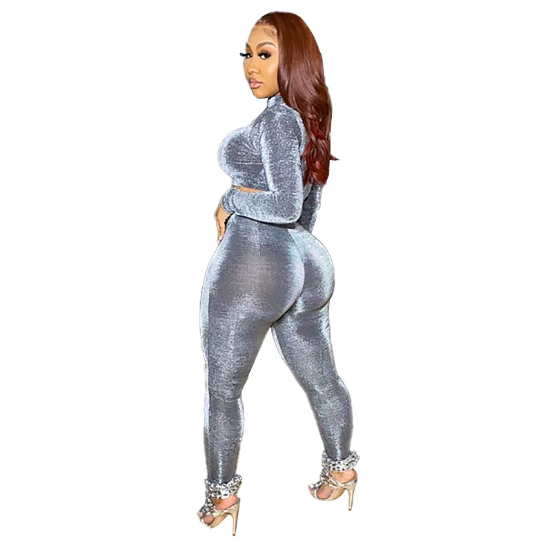 

Women Casual 2 Piece Sexy Crop Top Outfit Metallic Long Sleeve Tracksuit Pants Set