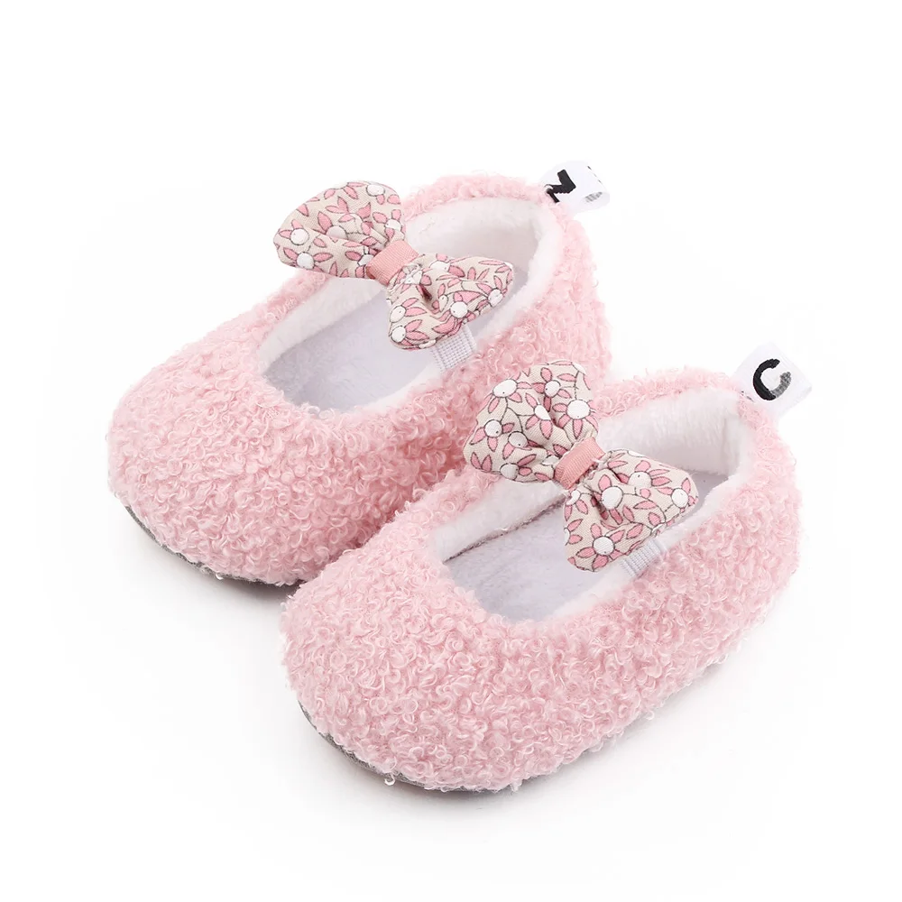 

winter soft baby shoes plush prewalk girl bow walking shoes, White/pink/grey/yellow