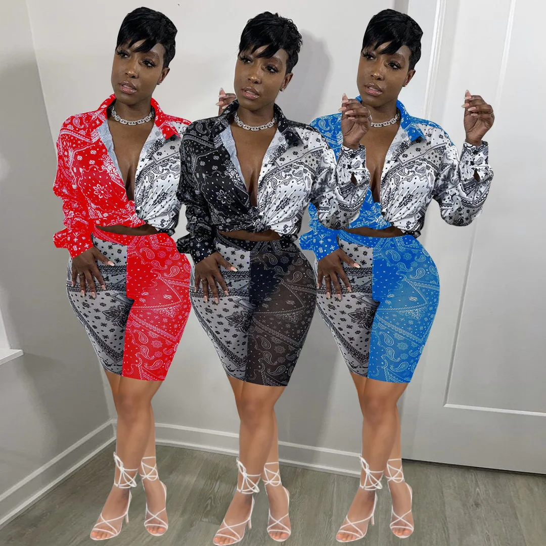 

S-XXL Women Printed Bandana Short Pants Two Piece Set Ladies Patchwork Paisley Shirt 2 Piece Set Summer Women Clothing