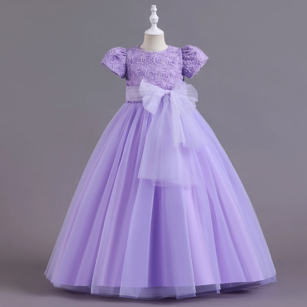 

Leisure and lovely applique kids girl party dress embroidered girl evening dress Purple short sleeve show dress for 10 years old
