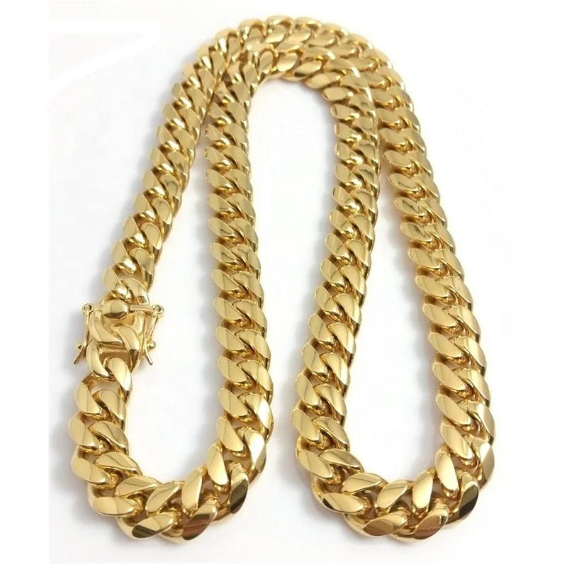 Pvd gold plating 18k stainless steel 12mm 14mm hip hop curb Miami cuban chain jewelry