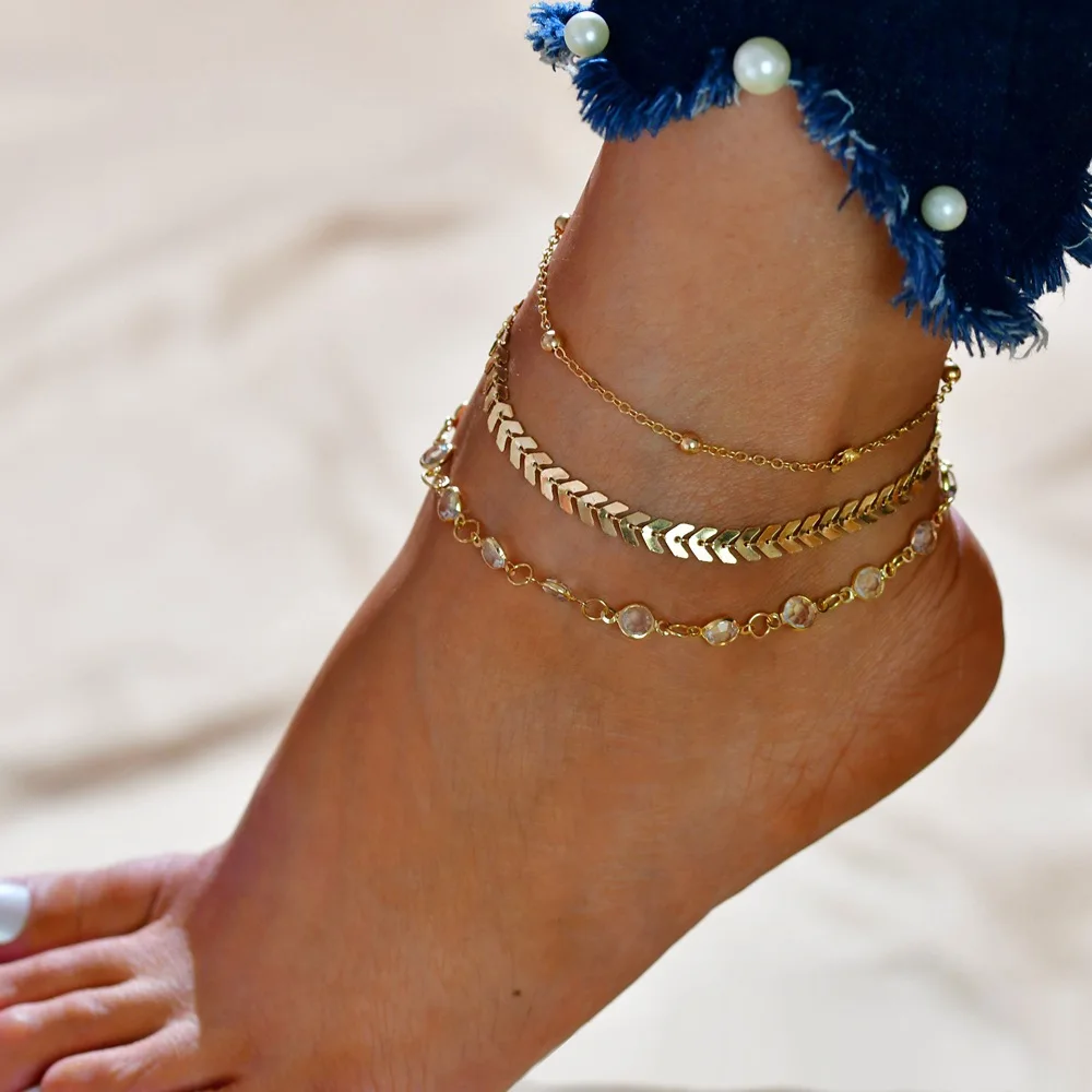 

Wholesale Boho vintage gold beach anklets double chain anklets foot jewelry