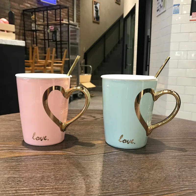 

Hot Sell Love Shape Ceramic Coffee Mug With Spoon Lid Couple Mug Home Oatmeal Breakfast Water Cup, White,pink,light blue ,dark blue