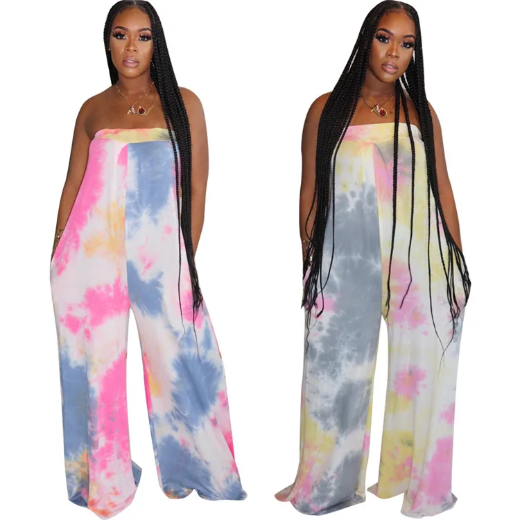 

sexy wrap breast tie-dye wide-leg pants j Lady One Piece Rompers Halter Sleeveless Tie Dye Loose Women Long Jumpsuits, Picture