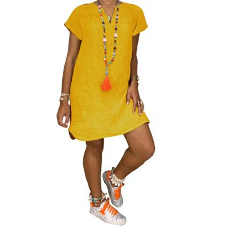

Short Sleeve Solid Dresses Office Lady Women's Linen Dress