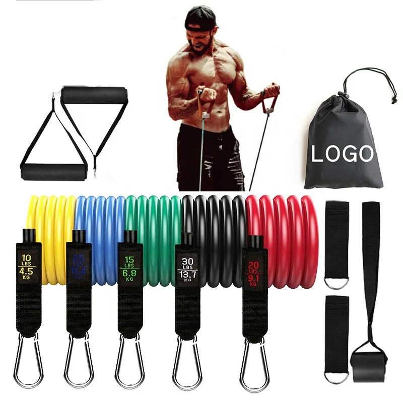 

Custom logo Fitness Yoga Home Gym Equipment Workout Stackable Up to 150lb 11pcs Exercise Resistance Tubes Bands Set with