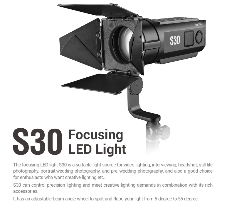 GODOX S30 30W Focusing LED Lampe Vid/éo Spotlight Focus Longueur et Luminosit/é R/églable 5600K CRI 96 S30 pour la Production de Films et de vid/éos