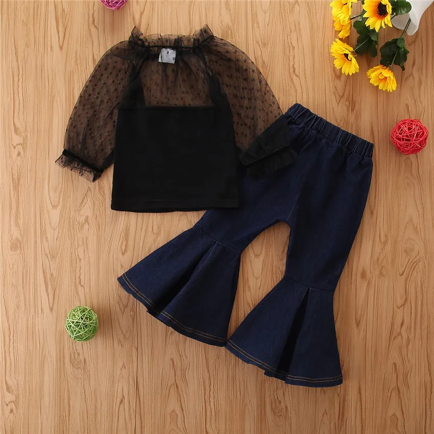 

summer Elegant Kids Baby Girl Clothes Sets Ruffle Long Sleeve Shirts Flared Pants Bell-bottoms 2Pcs Girl dot Outfits, As picture
