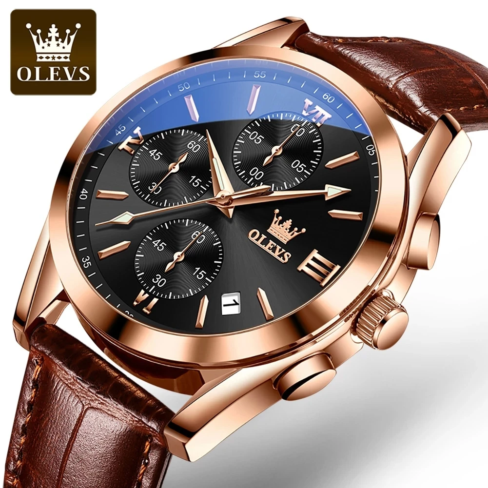 

Olevs New 2872 Leather Multi Function Chronograph Men's Watch Waterproof Quartz Watch Luxury Gold Sports Watch Religious masculi, 7-colors
