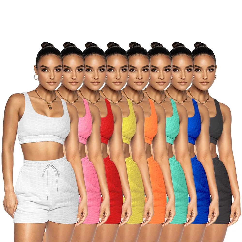 

Customized Women Outfits Solid Color Pineapple Clothes Yoga Tank Shorts 2021 Tracksuit Short Two Piece Sets