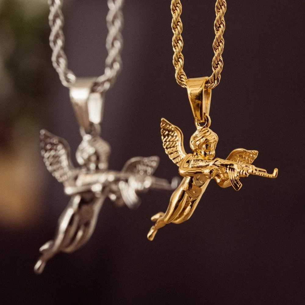 

Fast Delivery- 18K Gold Silver 3D Revenge Angel Pendant Necklace Rope Chain Men's Angel Gun Hip Hop Stainless Steel