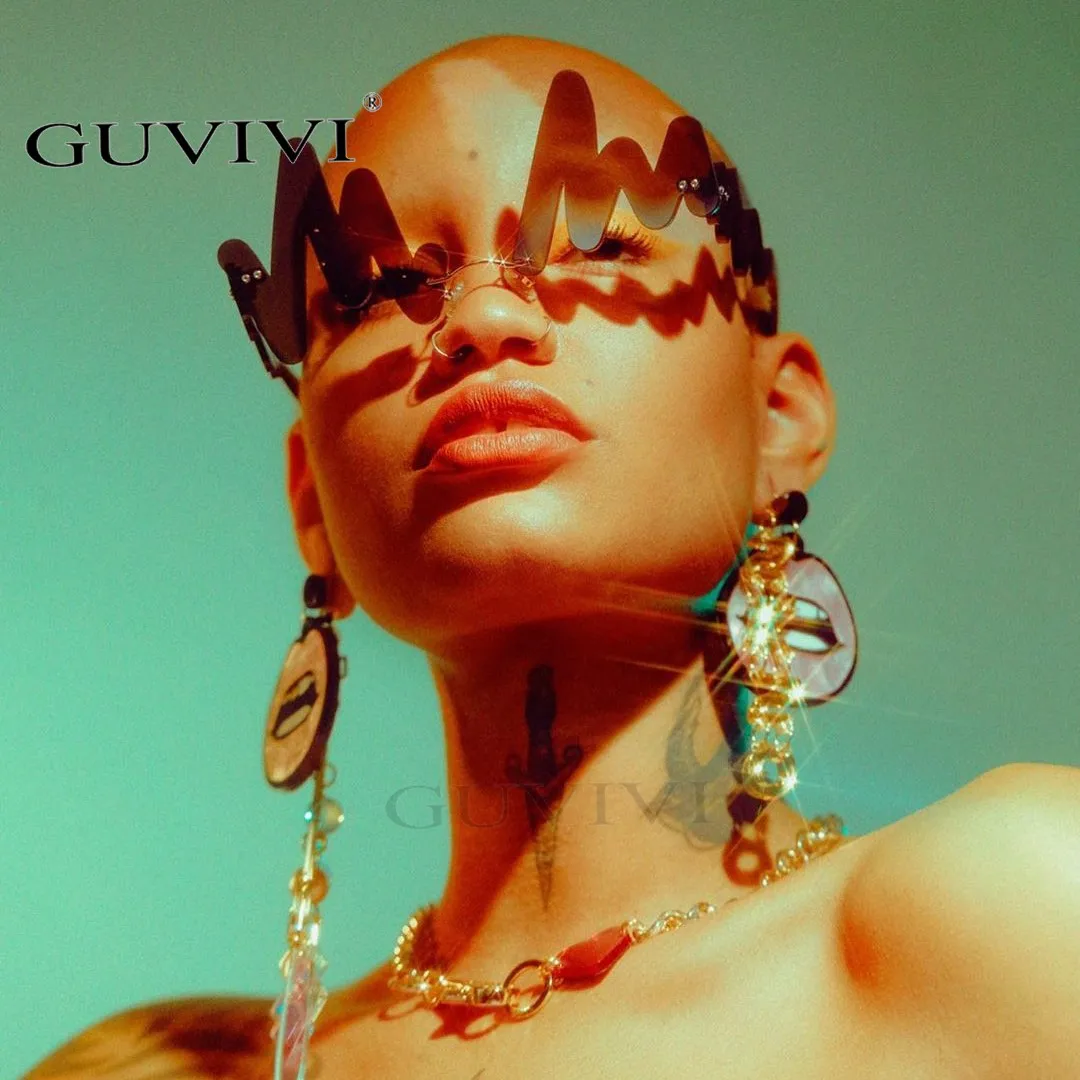 

GUVIVI Luxury Fashion Wave Punk Sunglasses Women 2020 Rimless Sun Glasses red wave Shades For Vintage Men Women Unique Doodle, Pink,rose gold,red,blue,green