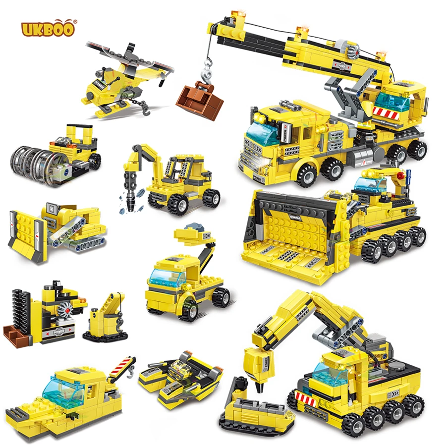 

UKBOO 8 IN1694PCS 27 Change City Urban Construction Technical Engineering Bulldozer Machine Mixer Truck Vehicle Building Blocks