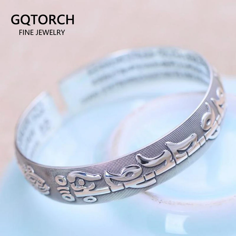 

Vintage 999 Pure Silver Opening Mantra Cuff Bracelets For Women And Men Six Words The Vajra Sutra Buddhist Fine Jewelry
