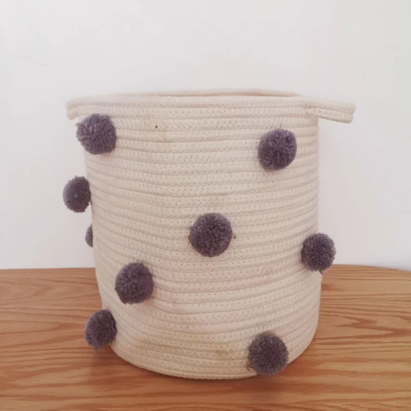 

Handmade Woven Cotton Rope Sundries Basket Kids Toy Storage Basket With Colorful Pompom Storage Basket, Multi color