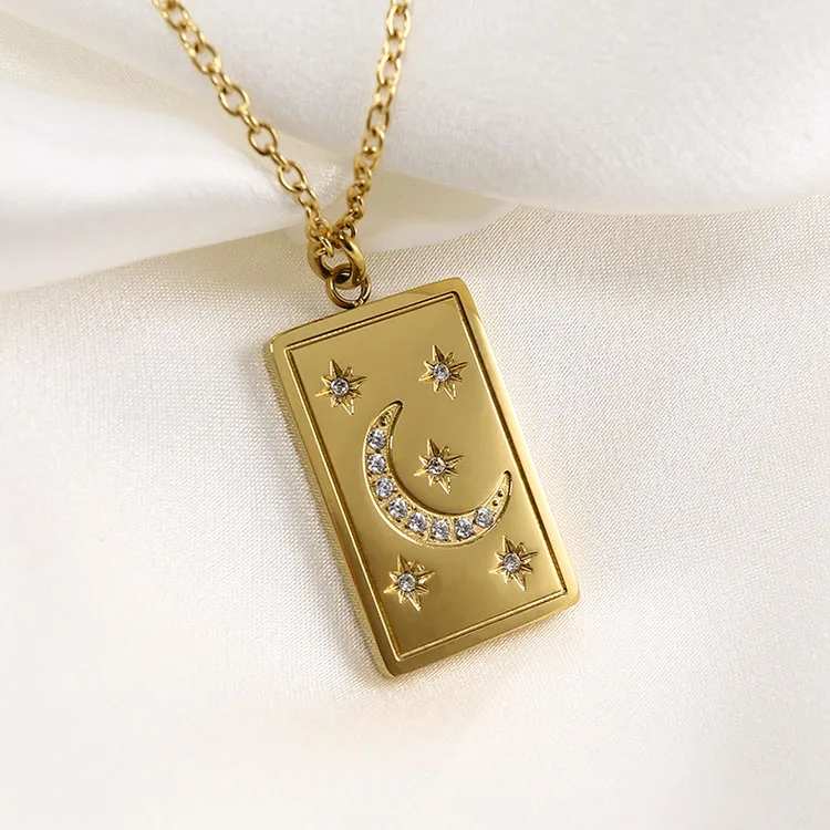 

Fashion Dogtag Pendant 316L Crescent Moon Star Chain PVD 18K Plated Rose Gold CZ Necklaces Stainless Steel Gold