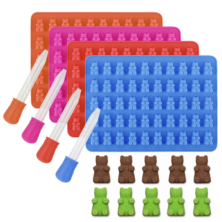 

Food Grade 50 Cavity Silicone Candy Gummy Bear Molds with a Dropper Making Candy And Chocolate Molds, Sky blue,rose red ,red ,green and orange