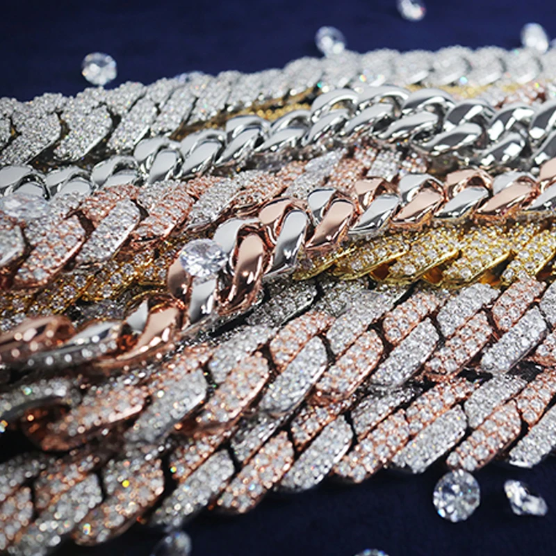 

19mm pass diamond test Wide 2 Rows iced out cuban chain hip hop chain small diamond cuban link bracelet for man, White/yellow
