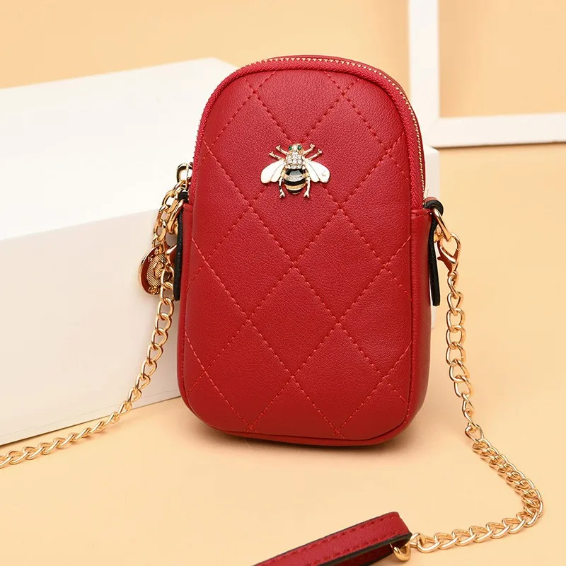 

2021 Red Color Leather Popular Designs Long Golden Chain Strap Girls Crossbody Mobile Phone Mini Bag For Shopping, Black,red,brown and customzied