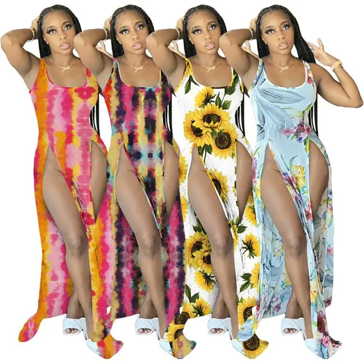 

FREE SAMPLE JHTH 2021 fashions women sleeveless sunflower printed high slit long maxi slip dress