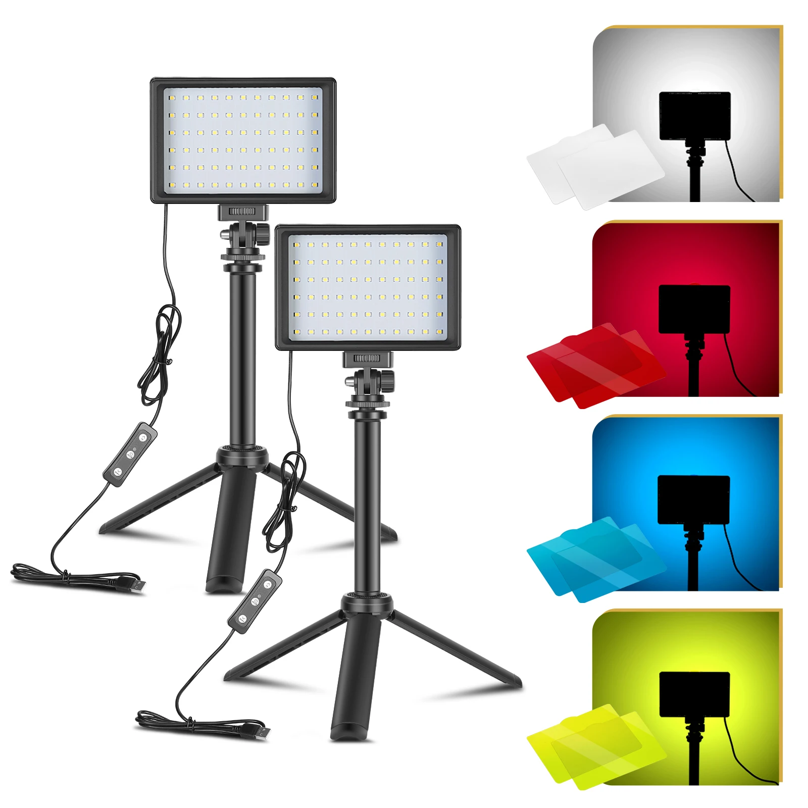 

Newest 2 Packs 4 Colors Filters Dimmable 5600K USB 66 LED Brightness Video Light Photographic Lighting with Tripod, Black