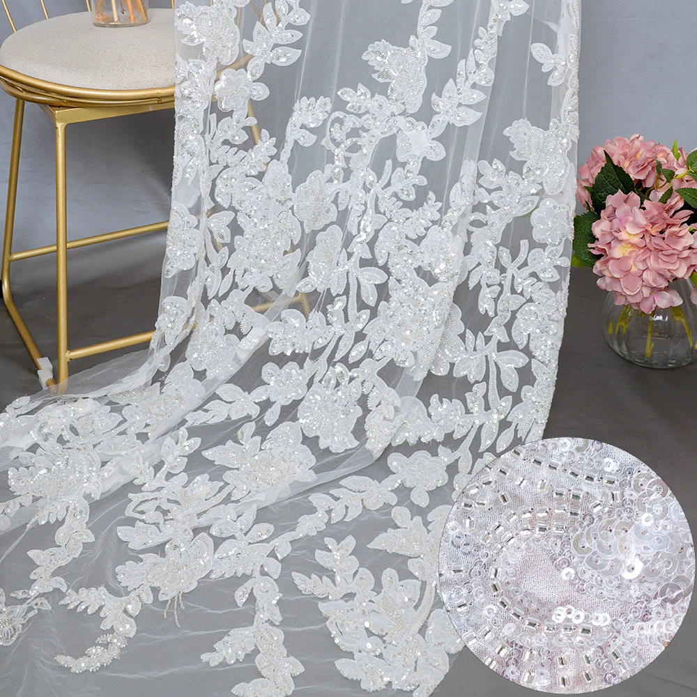 

MX757 2021 Good Quality Beaded Bridal Lace Fabric Flowers Embroidery Fabric Textile Lace For Wedding Dress, Support custom colors