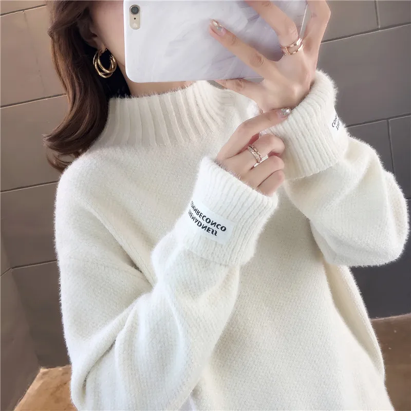 

Winter korean style chenille fuzzy high neck long sleeve sweater for women