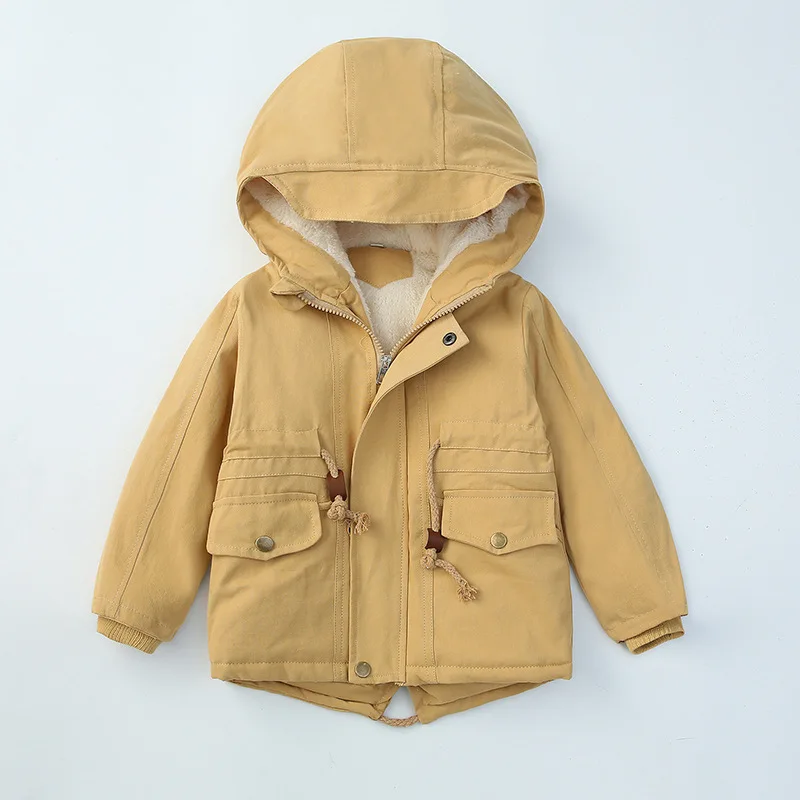

In Stock 2022 kids clothing Hooded tails children wear girl plain dyed Warm winter jackets for kids girls