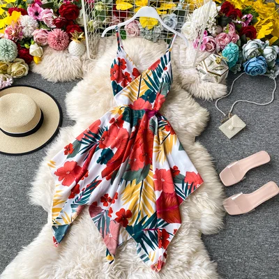 

2020 Summer Women Sexy Backless Floral Printed Chiffon Beach Dress