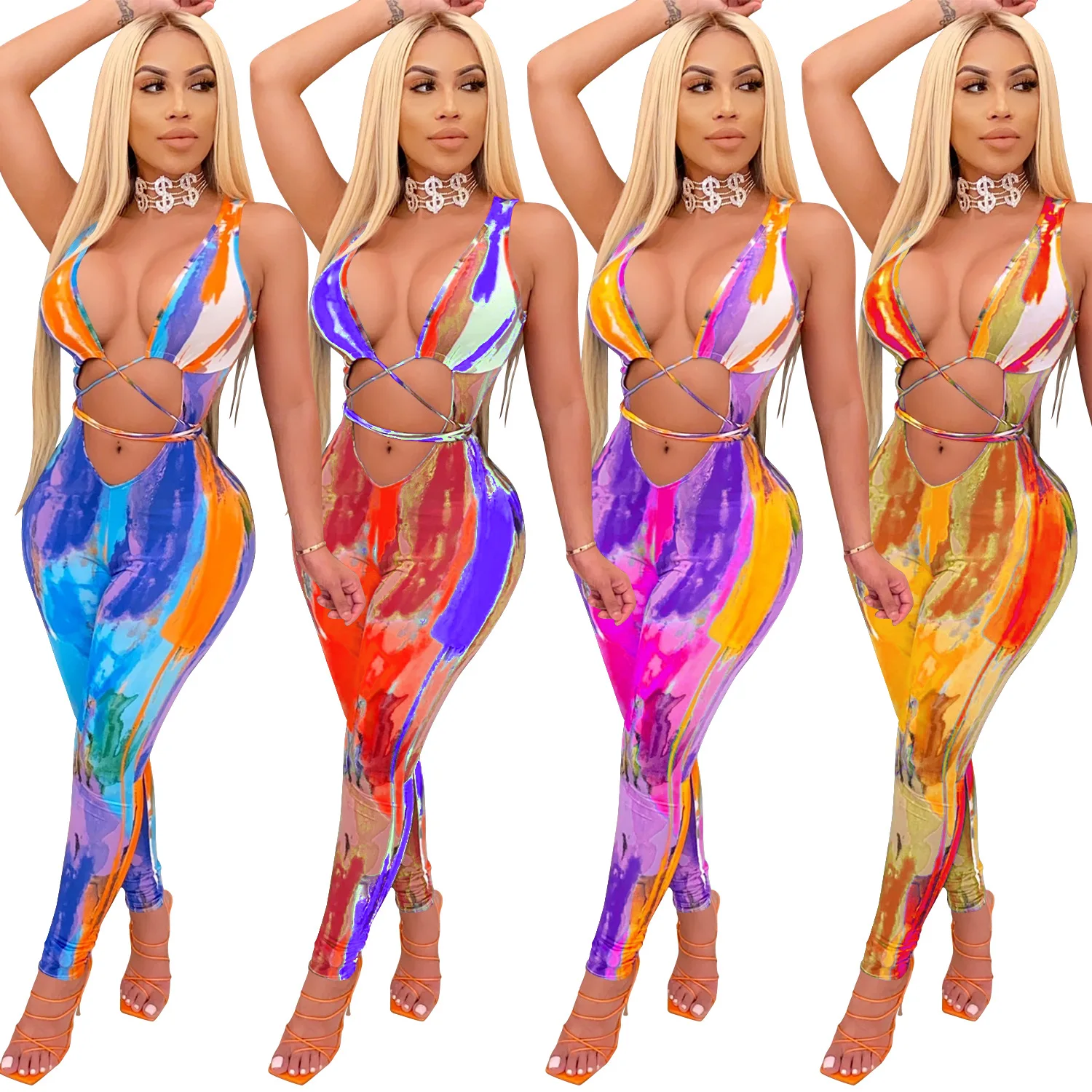 

plus size women romper clothing fashionable colored drawing bandage hollow out sleeveless jumpsuit womens one piece outfit, Blue/rose red/red/yellow