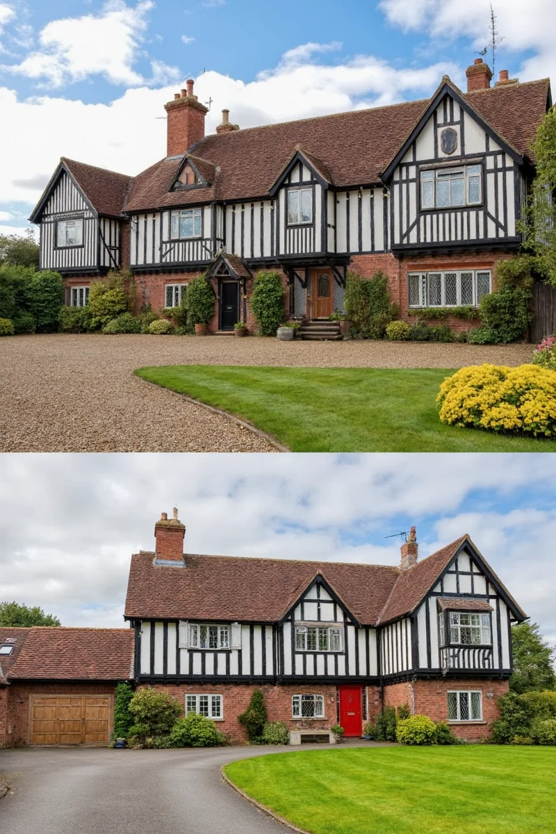 Tudor backyard with playset