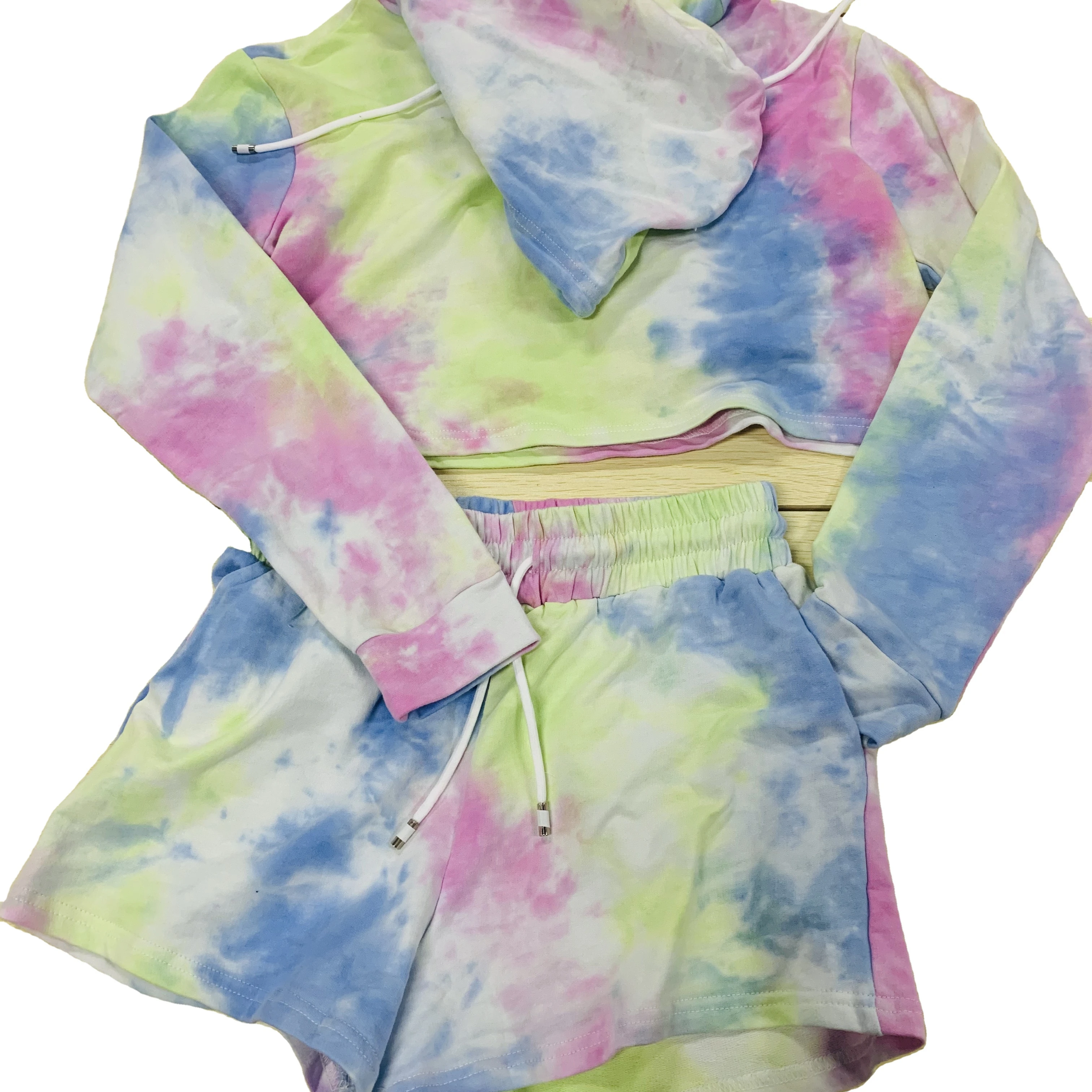 

Newest Fashion Casual Loose Pullover Hoodies Autumn Long Sleeve Tie Dye Women Two Piece Short Sets, Pic