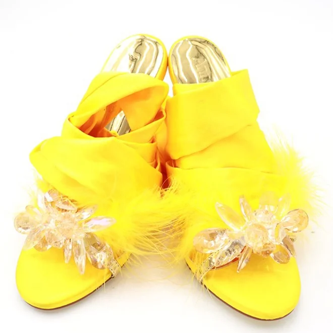 

Rhinestone Custom Stiletto High Heels Feather Pumps Women Dress Shoes Ankle Cross Strap Summer Sandals, Yellow