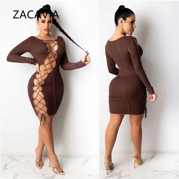 

Zacavia 2021 Sexy Design Solid Color Slim Long-sleeved Sexy Lace Up Dress, Picture color