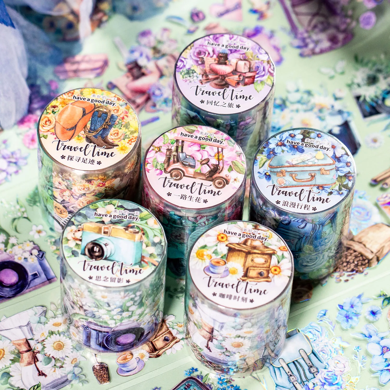 

Adhesive Tape PET Travel Time Series Ins Stereo Avision Hand Account DIY Loop Decoration Stickers 6 Choices