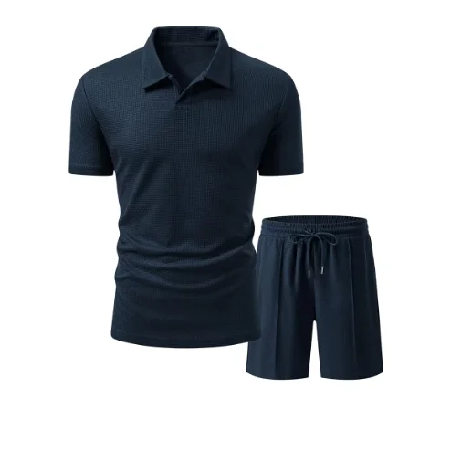 Custom Men Solid Waffle Textured Golf Tracksuit Casual Summer Beach Vacation Athletic Lapel Collar Polo Shirt Shorts 2 Piece Set