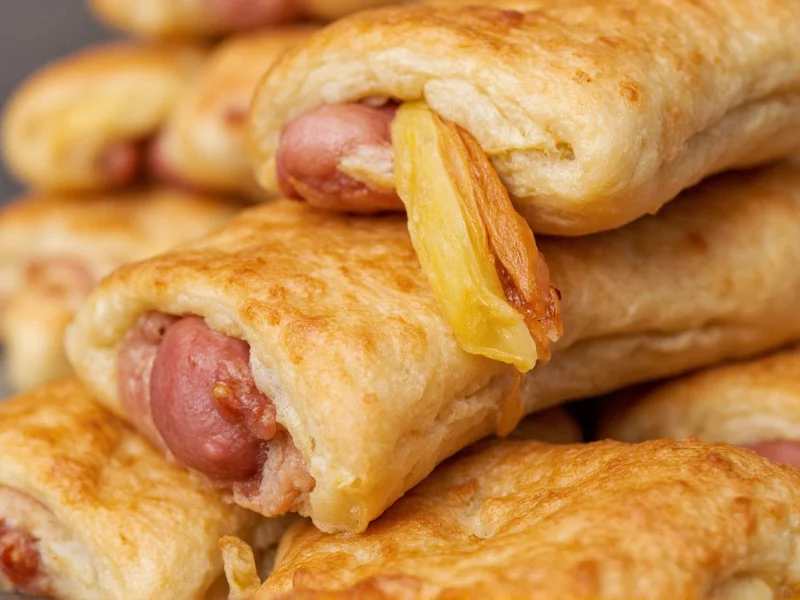 Close-up of flaky pastry layers on homemade pigs in a blanket