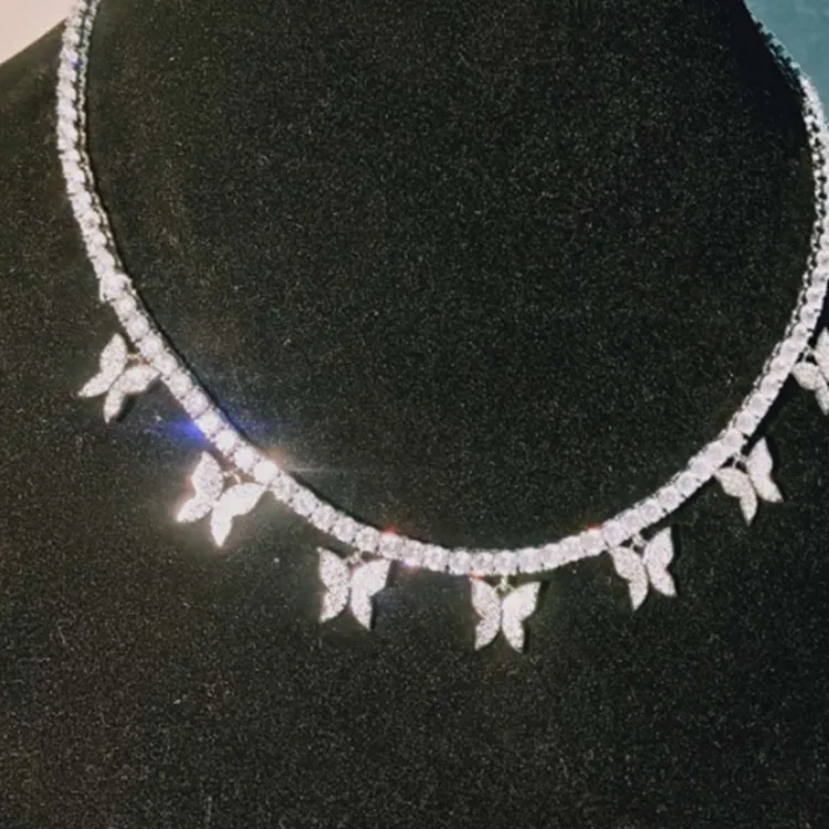 

Jialin jewelry ins hip hop women simple butterfly cuban link tennis diamond choker necklace