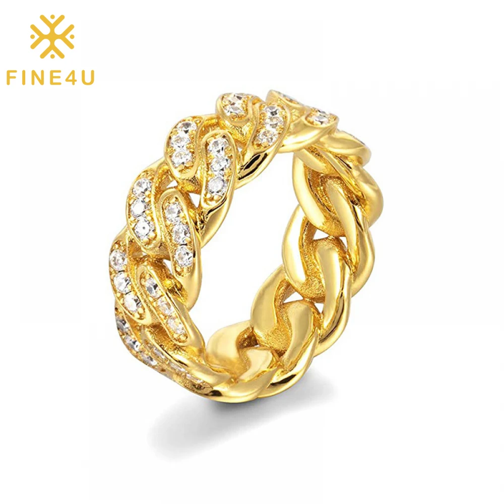 

New Trendy Hip Hop Fashion Finger Jewelry Iced Out Diamond Gold Plated Cuban Link Chain Rings