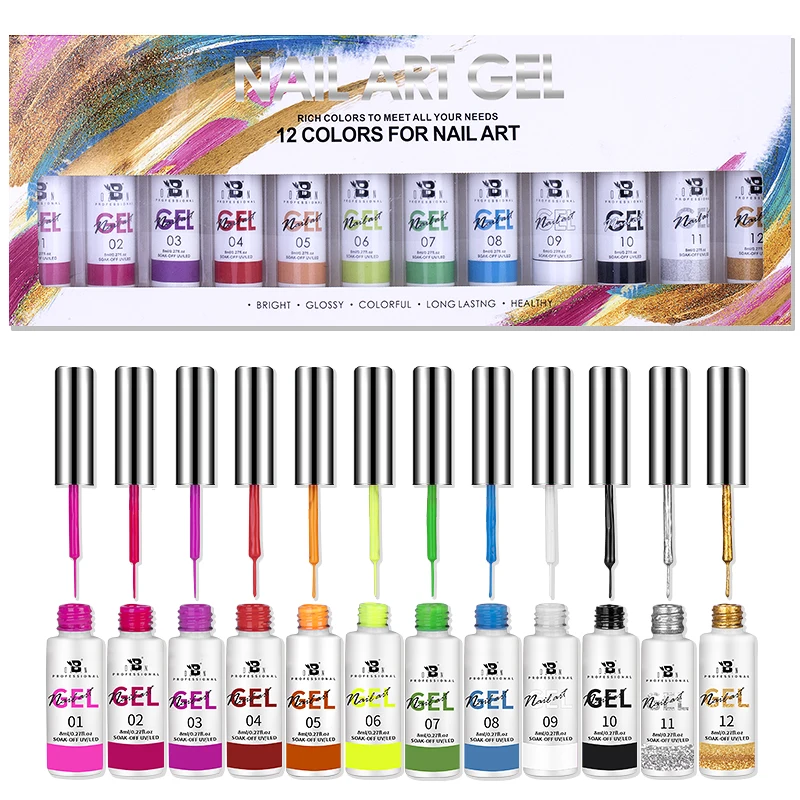 

New Arrival Private Label Kit Art Gel Paint 12 Bottles Neon Color Paint Gel Nail Art Set Uv Gel Polish