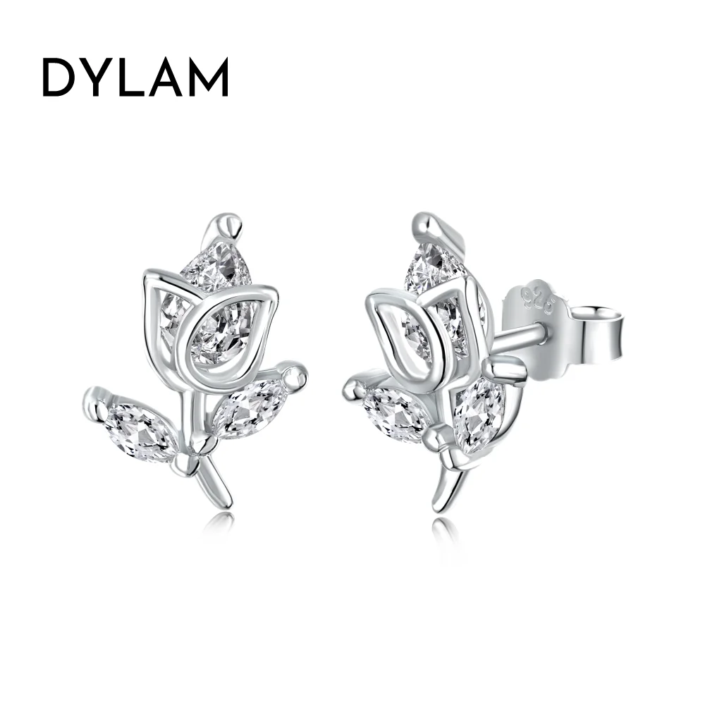 Dylam 14K Gold Plated Rose Flower Ear Studs Dainty Magnolia Flower Earring Leaf Hypoallergenic Earrings for Women