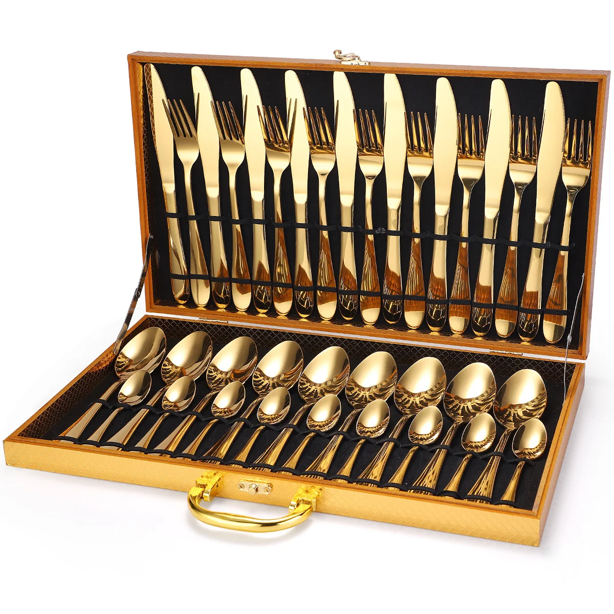 

Hot Sale 36 Piece Gold Stainless Steel Cutlery Set with Wooden Box for Gift