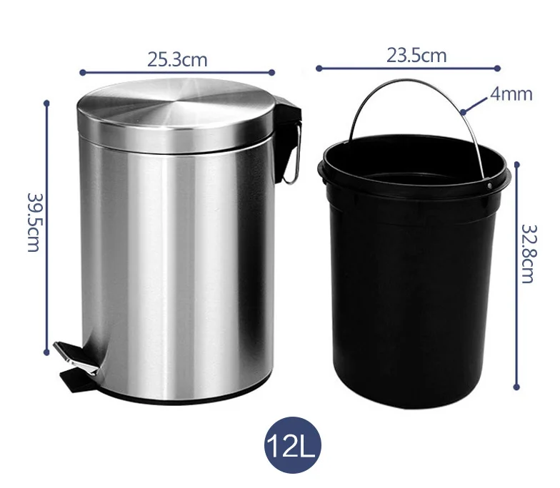 

12 Litres Eco-friendly mute indoor silver stainless steel trash can /waste bins/garbage bin with foot pedal