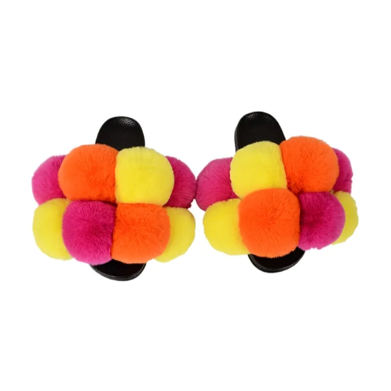 

2021 wholesale rainbow womens slides fake fur ball cute candy color fur hot sale ladies slipper fur slides