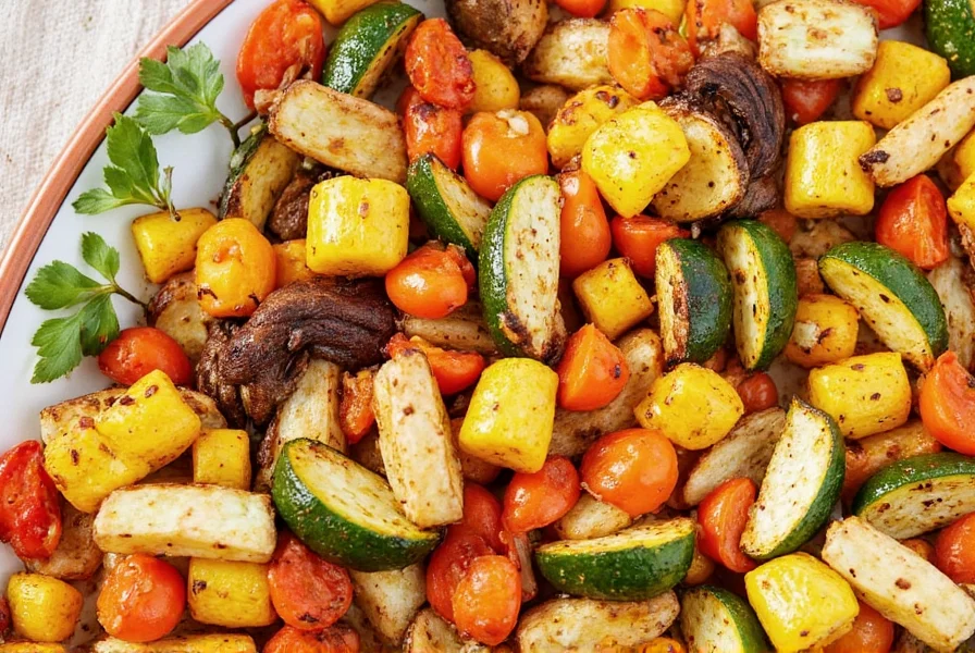 Empty table setup with roasted veggies and spice bottles